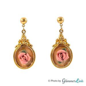 Vintage 80s Avon Victoria Rose Porcelain Gold Tone Drop Pierced Earrings